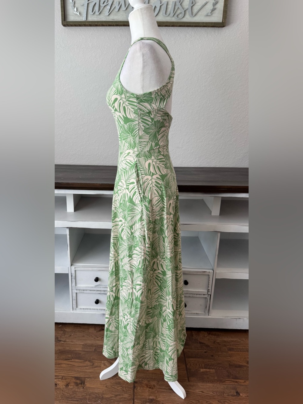 NEW PACT Fit & Flare Open Back Maxi Dress Jade Palms Organic Cotton XS DD - Picture 5 of 8